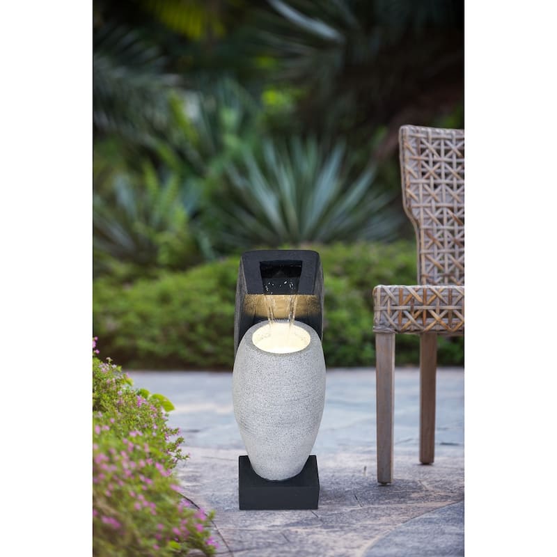 10x8.1x23.4" Black and White Water Fountain with Vase Design, with Light and Pump, for Indoor and Outdoor