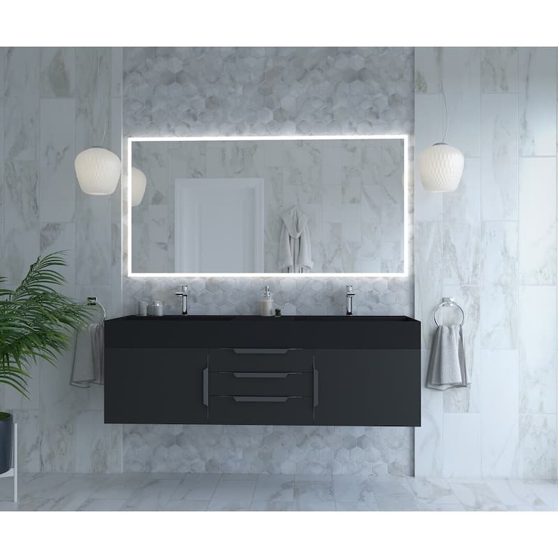 Amazon 60" Wall Mounted Bathroom Vanity Set w/ Black Top