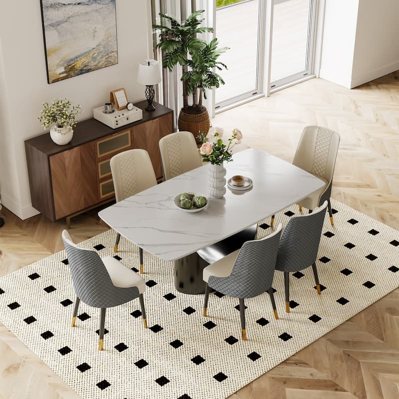 Modern Dining Table with Rectangular Sintered Stone Tabletop, Carbon Steel Leg, Minimalist Kitchen Dining Room Table - 70.87" - White Tabletop-Gray Base