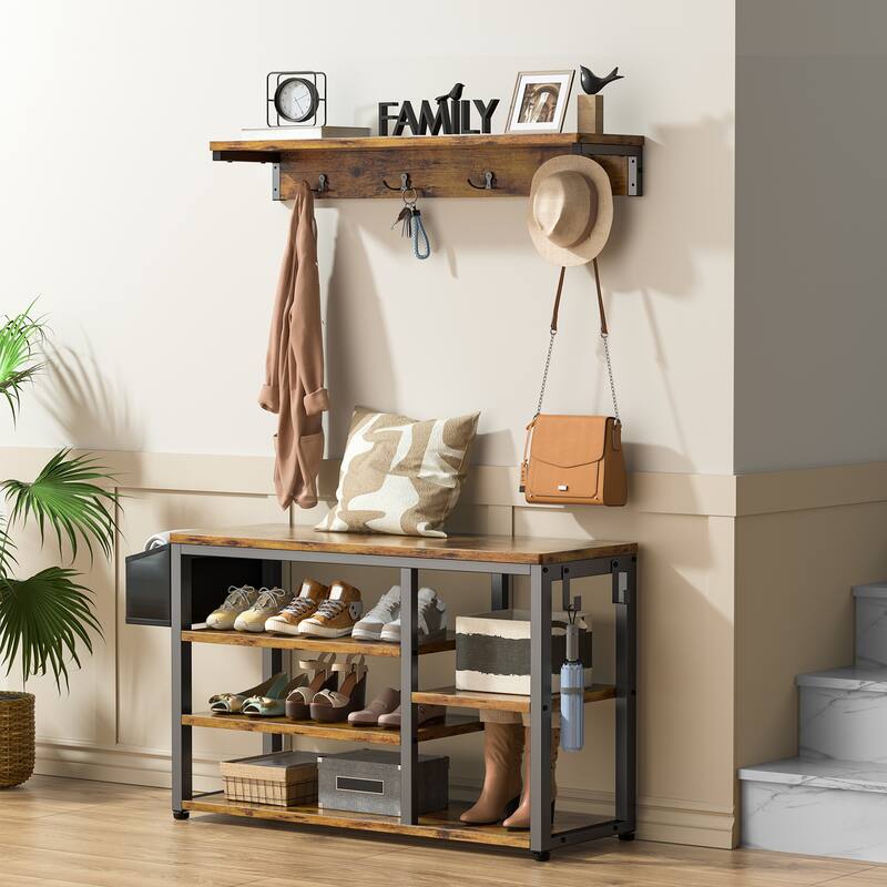 Industrial Hall Tree, 4-in-1 Entryway Coat Rack and Shoe Bench Rack Set with 5 Shoe Storage Cabinets