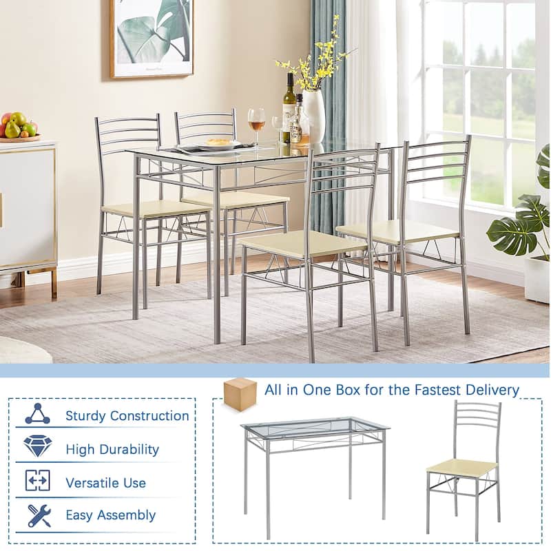 5-pieces Modern Dining Sets,Tempered Glass Table Top and 4 PU Chairs