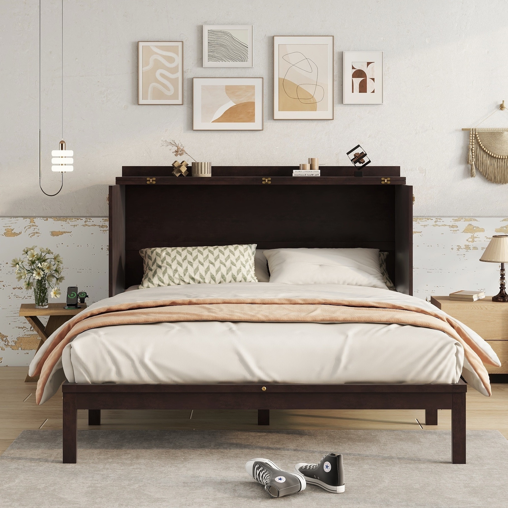 Folding Murphy Bed Rattan Decoration Panel Bed Wood Cabinet Platform Bed with Power Station