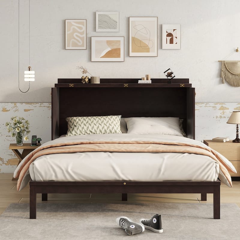Queen Size Murphy Bed Foldable to Space Saving Rattan Cube Cabinet Convertible Platform Bed Frame with Power Station and Drawer