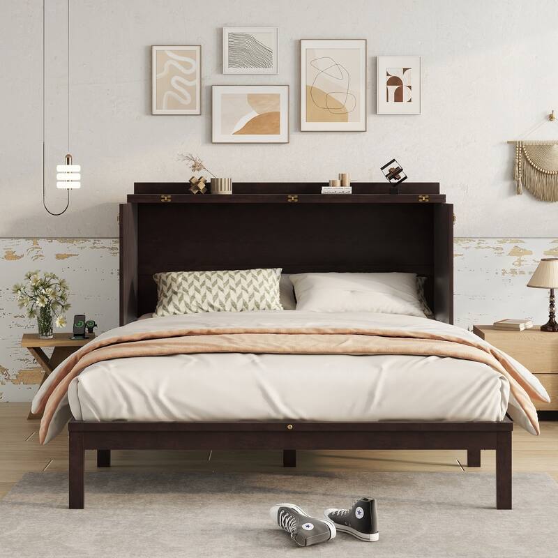 Queen Size Pine Wood Murphy Bed Cabinet with Power Station, Rattan Decoration Panel, and Large Storage Drawer