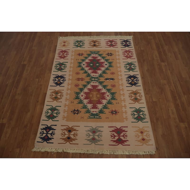 Hand Woven Oriental 100% Wool Carpet Southwestern Tribal Oranges & Rust Kilim Area Rug - 6' 4'' X 4' 4''