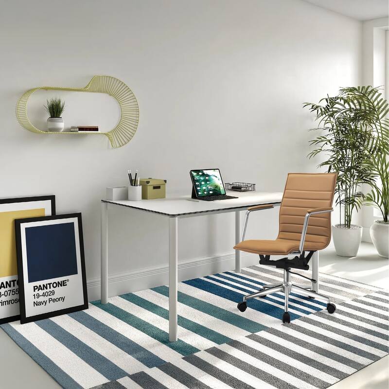 Modern Office Desk Chair | Upholstered PU Leather Ribbed Mid Back with Metal Frame | Adjustable Height, Tilt Lock - N/A