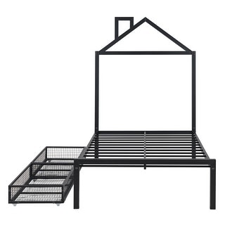 Twin Metal Platform Bed with Two Drawers, House-Shaped Headboard Design, Non-Noise Bedroom Low Bed Frame W/Support Slats, Black