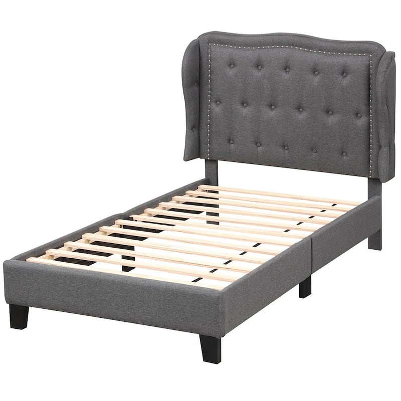 Twin Bed Frames w/Headboard Modern Linen Upholstered Platform Bed - Grey