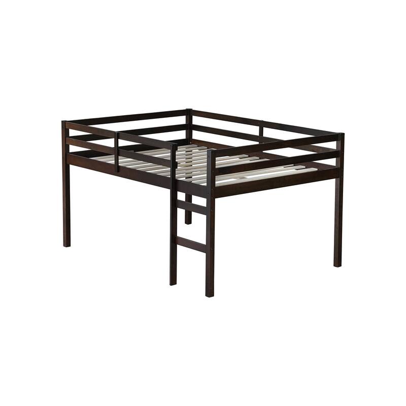 Solid Rubberwood Loft Bed Frame with Ladder, Guardrails and Underbed Storage Space - Low Height Design for Kids and Teens