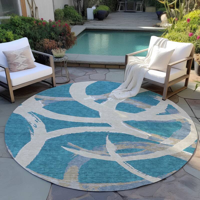 Machine Washable Indoor/ Outdoor Abstract Contemporary Chantille Rug - Teal - 8' x 8'