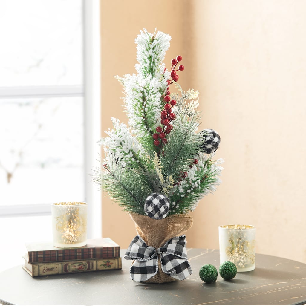 Glitzhome 21"H Christmas Flocked Pine Berries Table Tree with Burlap Base Rustic Centerpiece
