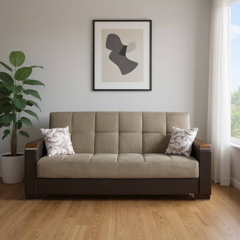 HomeRoots 87" Brown And Sand Chenille And Faux Leather Convertible Futon Sleeper Sofa With Toss Pillows And Storage - Brown/Sand