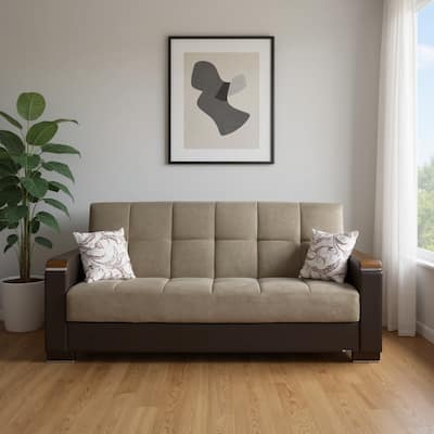 HomeRoots 87" Brown And Sand Chenille And Faux Leather Convertible Futon Sleeper Sofa With Toss Pillows And Storage