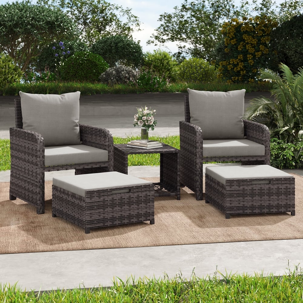 5 Pieces Patio Chair Ottoman Conversation Set with Cushions Table
