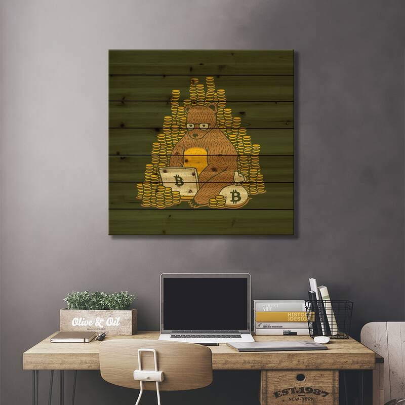 Bitcoin Miner Bear Print On Wood by Tobias Fonseca - Multi-Color