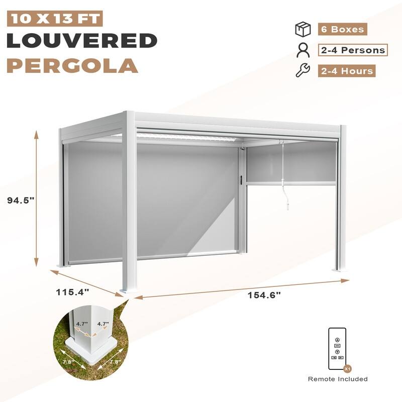 Erommy Outdoor Louvered Pergola Gazebo with Adjustable Aluminum Rainproof Roof and Pull-Down Screen