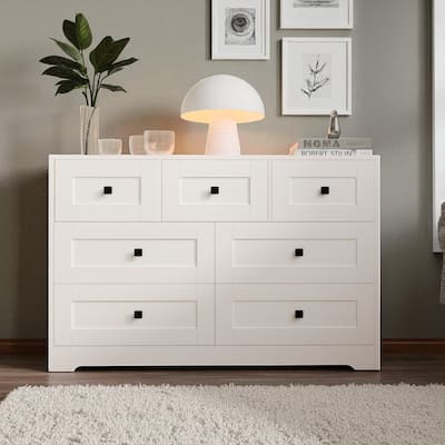 White 7 Drawer Dresser, Modern Chest of Drawers with Farmhouse Barn Door Style, Storage Cabinet for Bedroom and Entryway