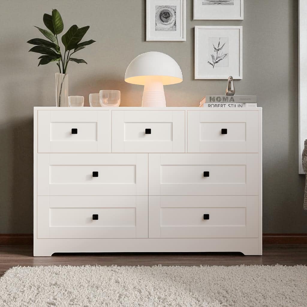 White 7 Drawer Dresser, Modern Chest of Drawers with Farmhouse Barn Door Style, Storage Cabinet for Bedroom and Entryway
