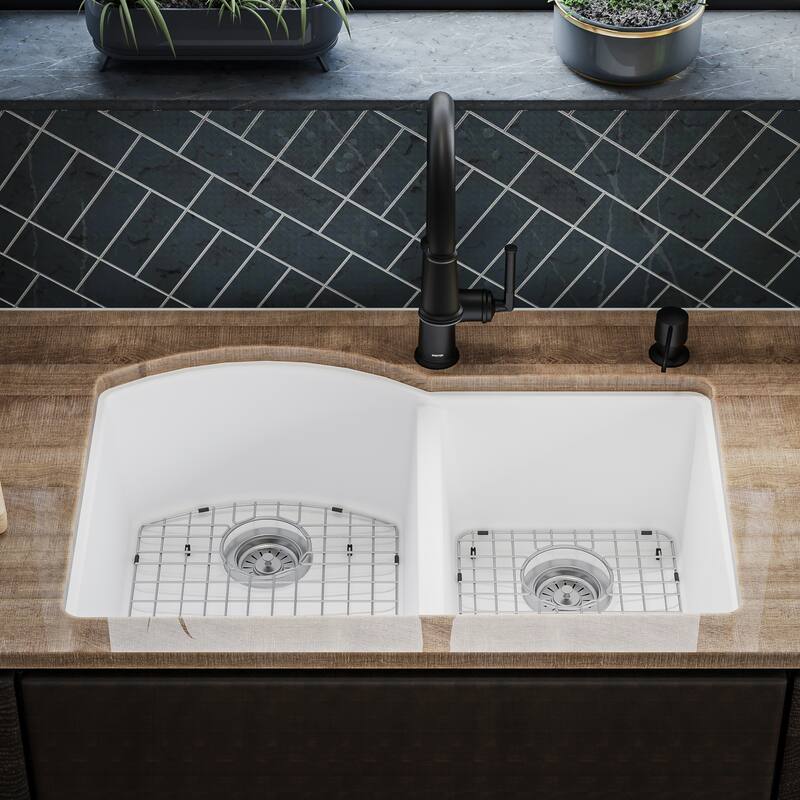 Karran Undermount Quartz 32 in. 60/40 Double Bowl Kitchen Sink Kit