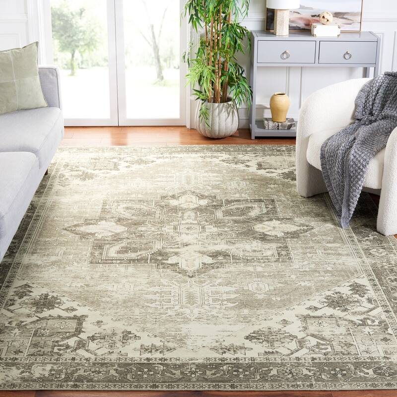SAFAVIEH, Tucson Machine Washable Slip Resistant Therese Oriental Medallion - 7' Square - Sage/Ivory