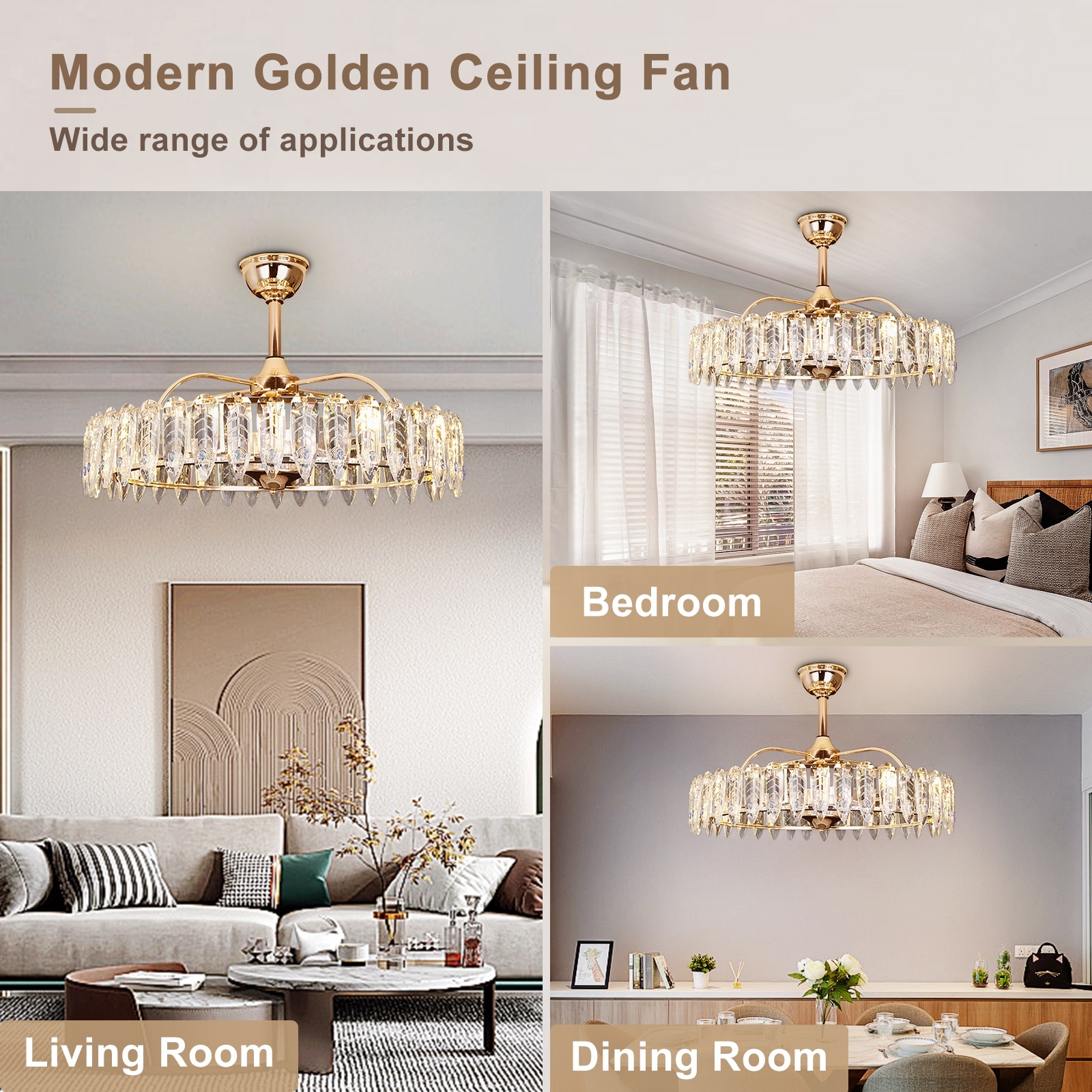 Gold Crystal Chandelier Ceiling Fan with Reversible Motor