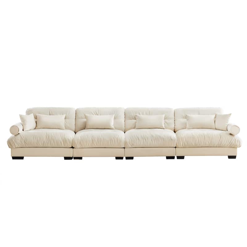166" Velvet 4-Seater Sofa with Bolster Armrests, High-Resilience Sponge Cushions