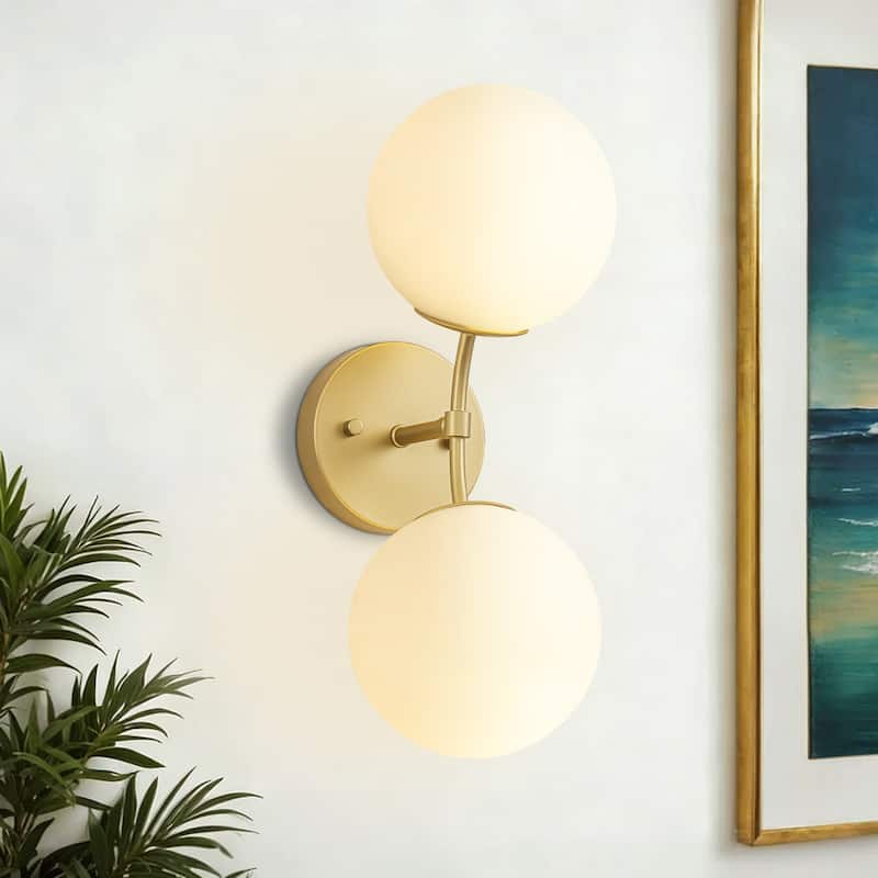 2-Light Modern Metal & Glass Wall Sconce with Two-Globe Shades for Bedroom & Living Room - 1 Light - 1 Light - Gold