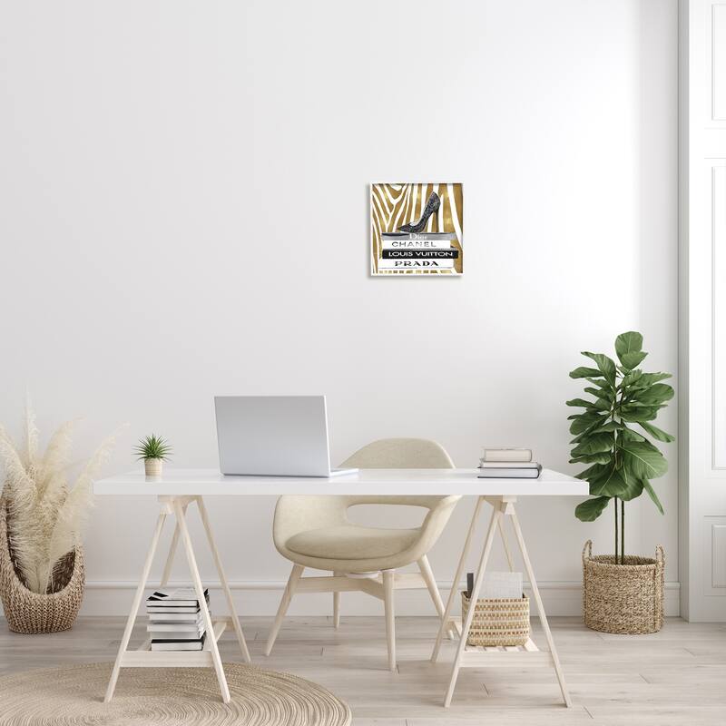Stupell Fashion High Heel Bookstack Glam Gold Zebra Print Framed Wall Art, 12 x 12 - Black