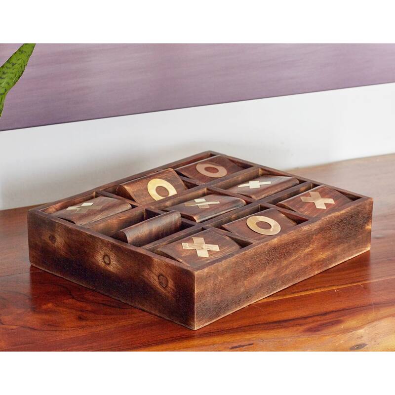 Dark Brown Mango Wood Tic Tac Toe Game Set with Gold Inlay - Dark Brown