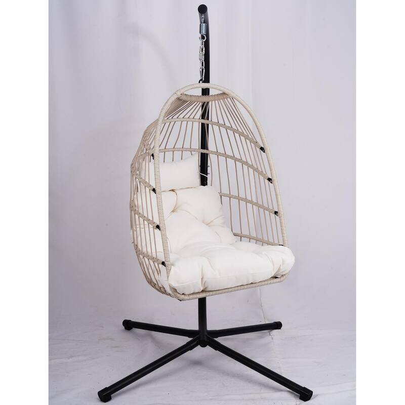 Outdoor Egg Hanging Chair, Swing Chair with Stand & Aluminum-Steel Frame, Patio Rattan Wicker Hanging Swing Egg Chair