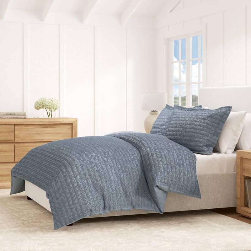 Linery & Co. Cotton Reversible Waffle Weave / Percale Duvet Cover Set - Denim Blue - Queen