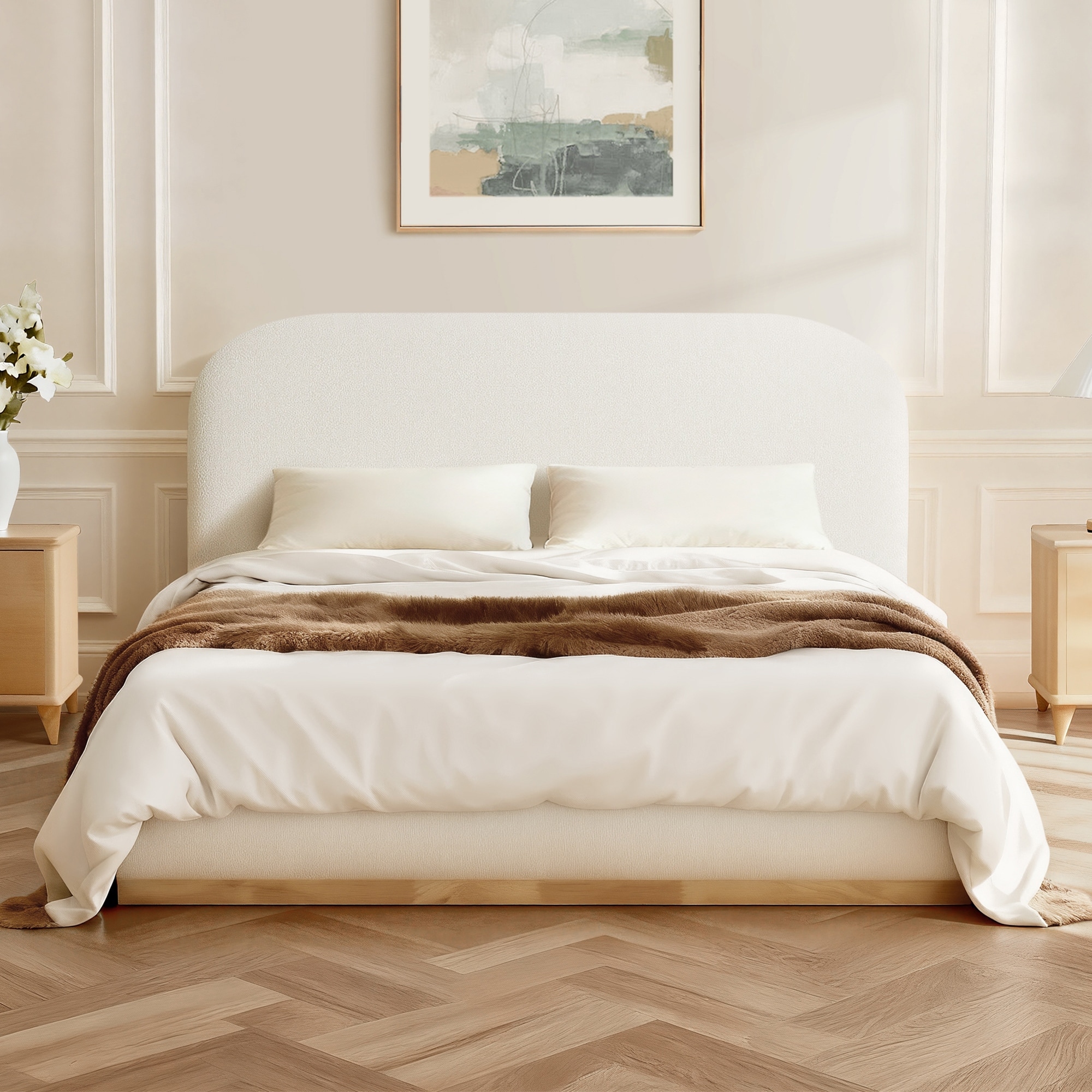 Spruce & Spring Modern Boucle Upholstered Platform Bed with Solid Wood Frame