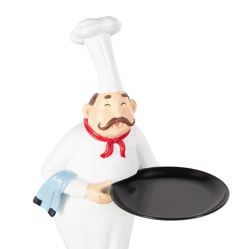 White Polystone Kitchen Decorative Figurine Chef Decorative Sculpture with Black Tray