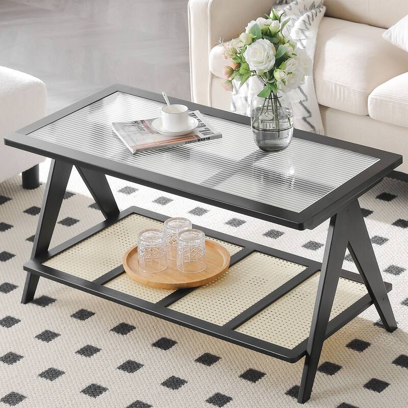Bamboo Glass Top Side Table Accent End Table with Magazine Rack