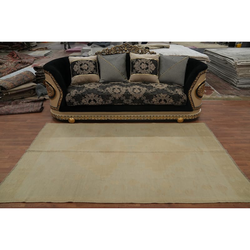 Hand Woven Oriental 100% Wool Carpet Southwestern Tribal Beige & Ivories Kilim Area Rug - 8' 0'' X 4' 9''