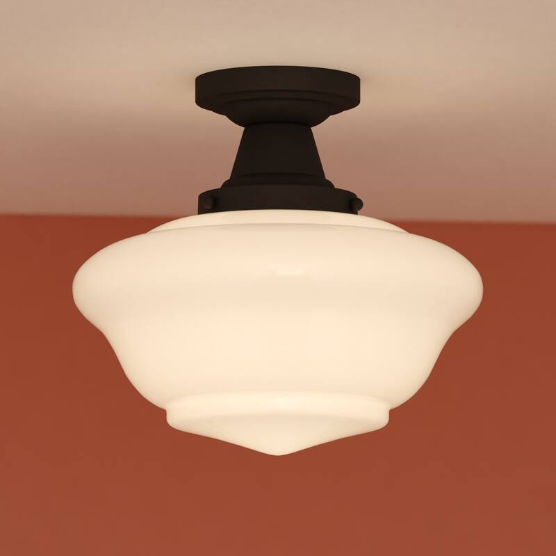 VAXCEL Eastgate 1-Light Schoolhouse Semi Flush Mount Ceiling Lighting Fixture, White Frosted Opal Glass Shade - 12-in W x 11.25-in H x 12-in D - Matte Black