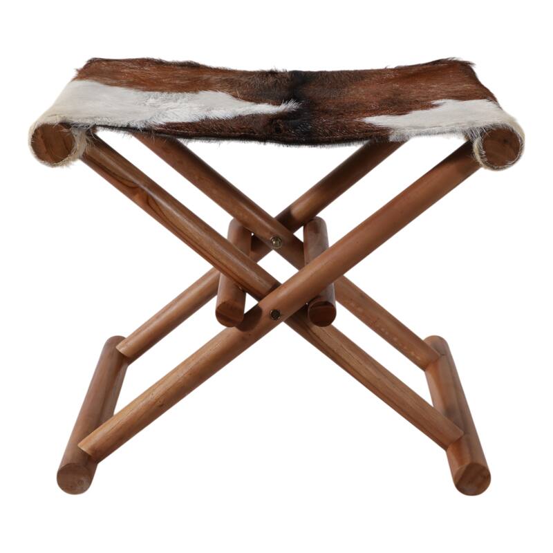 Foldable Backless Cowhide Storage Stool with Solid Wood Frame