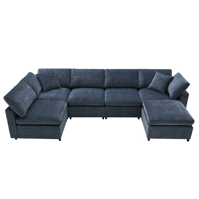 Blue 130'' U-Shaped 6 Seater Modular Sectional Sofa with Ottoman, Convertible U-Shaped Sleeper, Customizable Layout