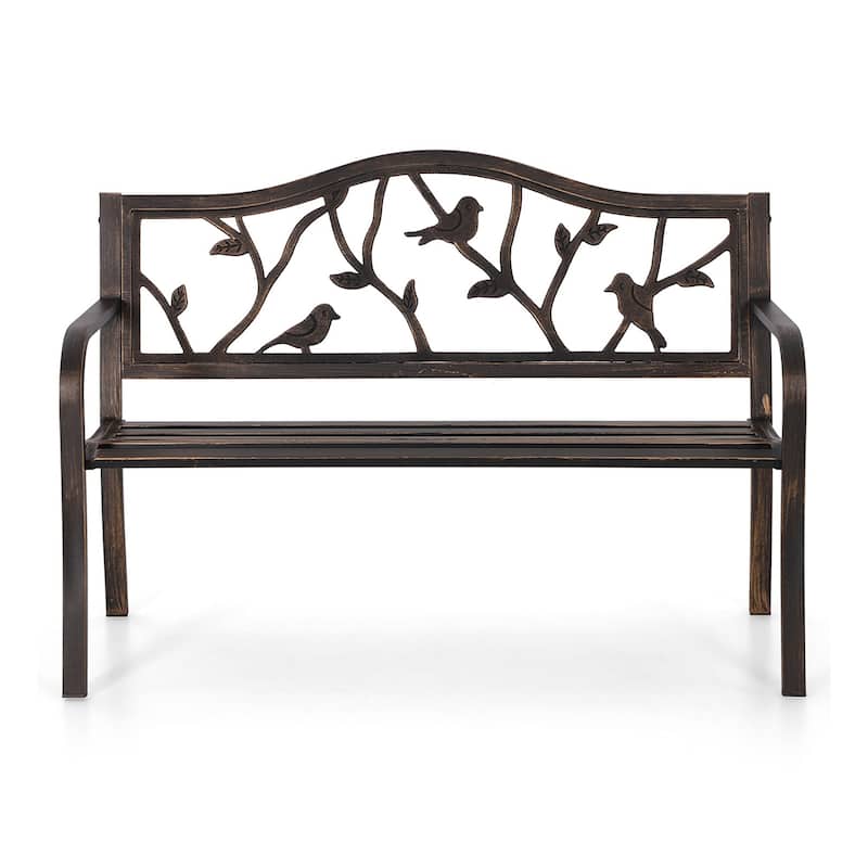 MAISON ARTS Patio Metal Park Bench Red, Steel Frame Bench with Backrest and Armrests