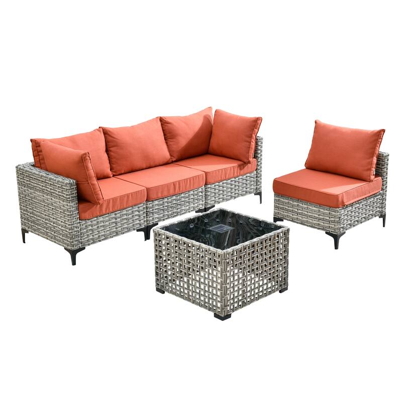 OVIOS 5 Pieces Outdoor Wicker Furniture Set With Solar-Powered Coffee Table