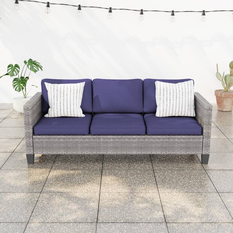BONOSUKI Patio Outdoor Couch,3-Seater Furniture with Removable Cushion - Grey/Nvay Blue