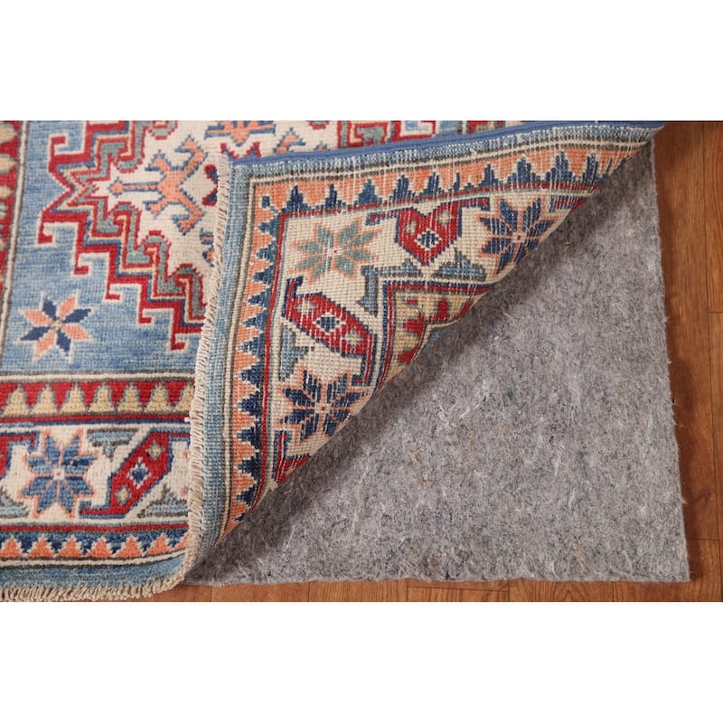 Light Blue Geometric Kazak Accent Rug Hand-Knotted Wool Carpet - 2'7" x 6'4"