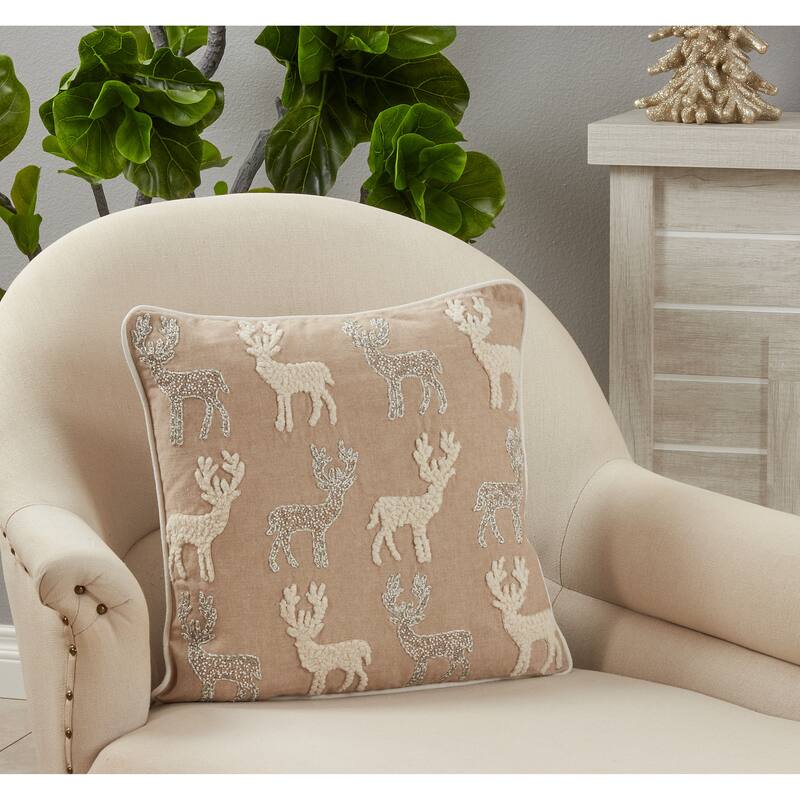 Reindeers Pillow With Beaded and Embroidered Design