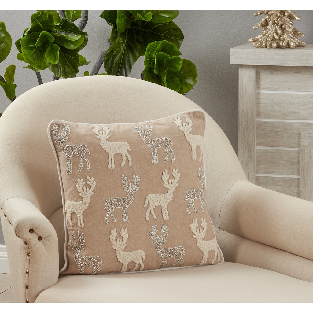 Reindeers Pillow With Beaded and Embroidered Design