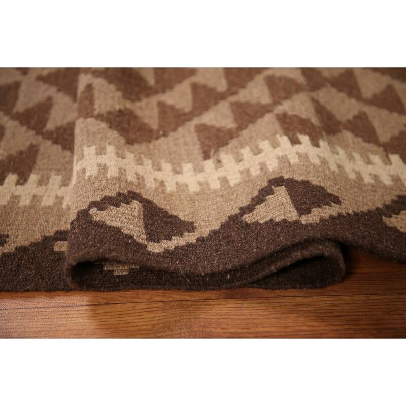 Brown Kilim Rug Hand-woven Geometric Wool Foyer Carpet - 3'2" x 5'2"
