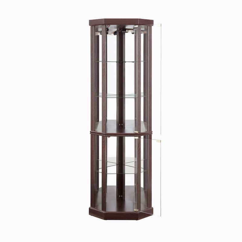 Lighted Curio Cabinet with Mirrored Back Pane, Wooden Corner Glass Cabinet, China Cabinet with Glass Door & Adjustable Shelves