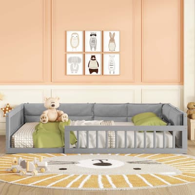 Upholstered Platform Bed with Guardrail and Pillow