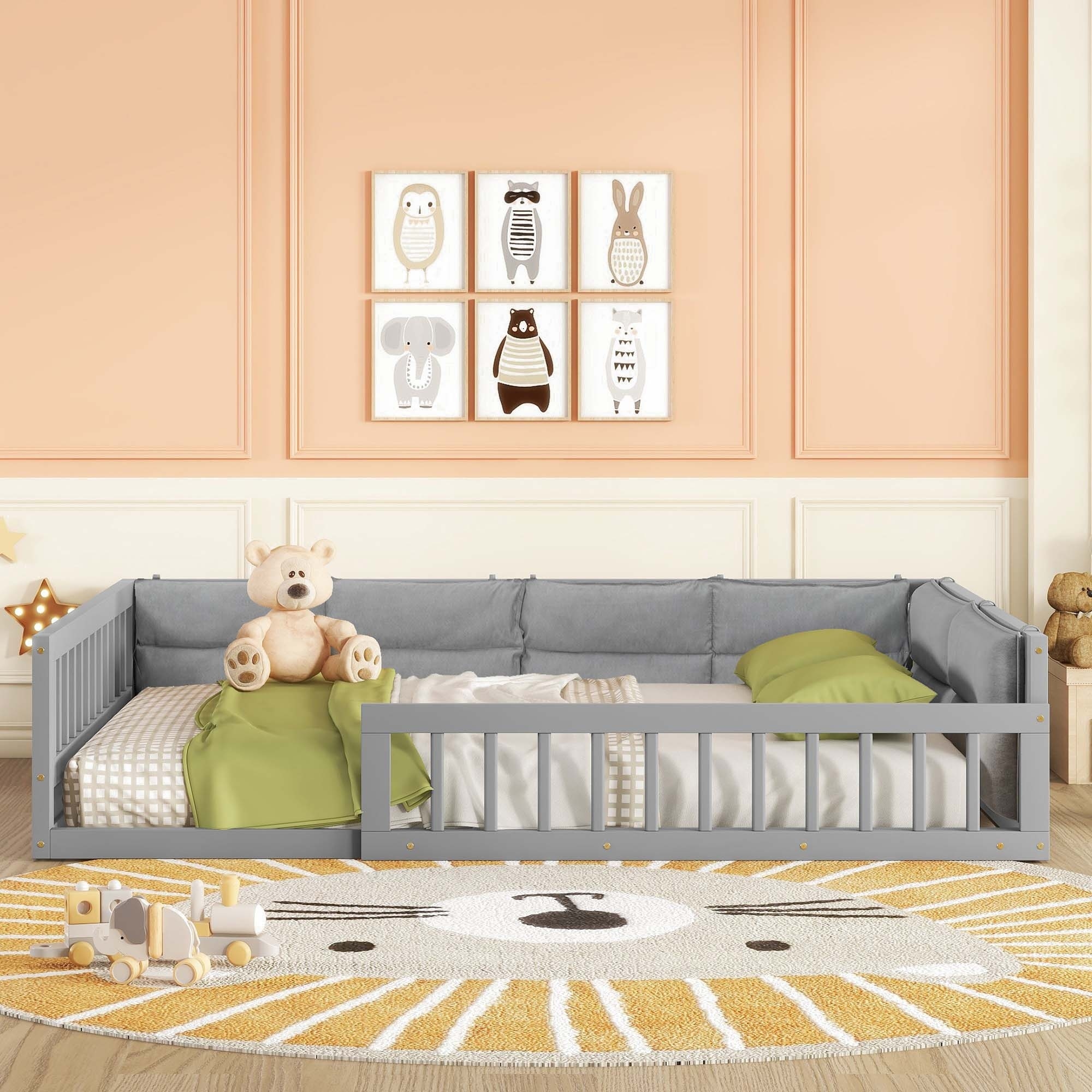 Upholstered Platform Bed with Guardrail and Pillow
