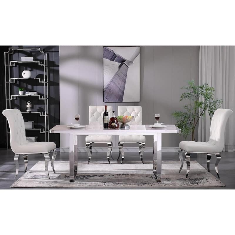 Luxury White Velvet Dining Chairs with Crystal Decor Button Tufted Back and Mirrored Silver Legs