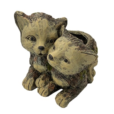 12.5" Brown Flax Yellow Distressed Finish Double Cats Figure Planter